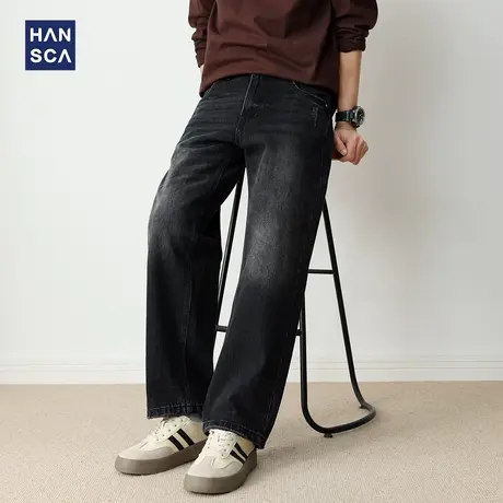 hansca直筒阔腿水洗宽松黑色牛仔裤男2025新款秋季美式复古长裤子商品大图