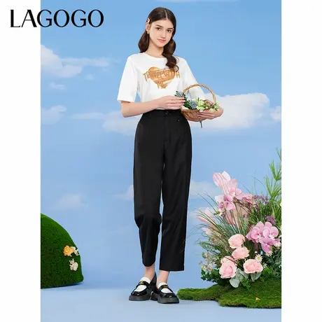 LAGOGO小个子黑色休闲直筒裤女拉谷谷春夏新款高腰垂感百搭长裤商品大图