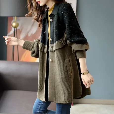 宝诗黎秋季中长款木耳边亮片拼接针织外套新款POLO领宽松时尚女装图片