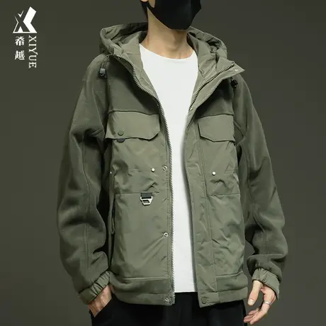 希越奥利绒拼接夹克男士连帽工装冲锋衣秋季宽松大码山系户外风衣图片