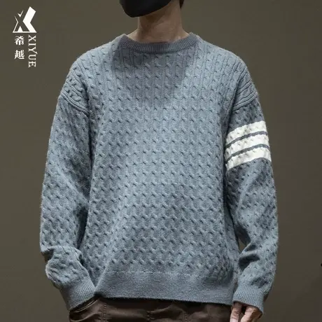 希越日系重磅毛衣男士宽松大码撞色拼接北极绒套头针织衫冬季新款商品大图