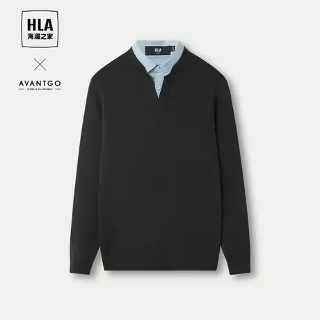 HLA/海澜之家商务双领针织衫23秋冬季新款加厚假两件黑色毛衣男士图片