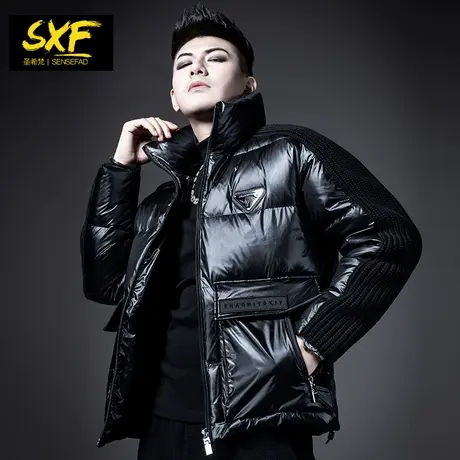 SXF圣希梵羽绒服男加厚 潮流港风针织拼接短款外套冬季保暖面包服商品大图