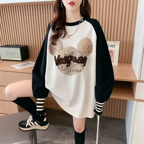 德绒撞色长袖t恤女秋冬季宽松加绒加厚中长款内搭保暖上衣打底衫商品大图