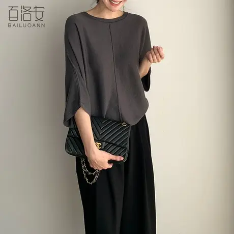 百洛安时尚宽松蝙蝠袖针织衫上衣女2023秋装新款百搭圆领套头毛衣商品大图