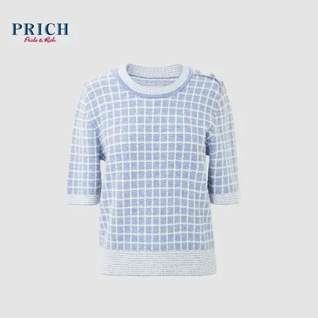 PRICH24春新款侧肩金属排扣小香风亮丝格纹半袖圆领修身针织衫女商品大图