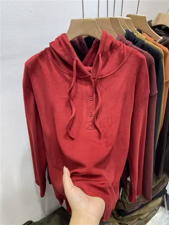 连帽系带套头双面德绒加厚卫衣女2023秋冬新款宽松下摆圆弧上衣潮图片