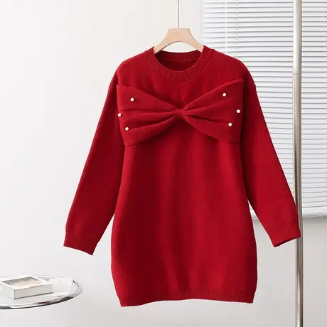 红色女毛衣中长款毛衣裙洋气时尚休闲百搭2023年新款秋冬针织衫女图片