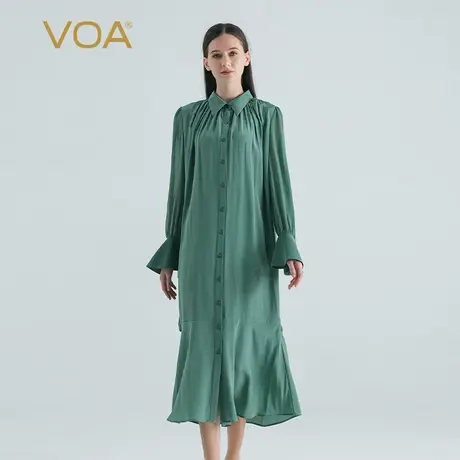 VOA桑蚕丝双绉春绿色POLO领拼接乔其丝绸长袖真丝鱼尾衬衫连衣裙图片