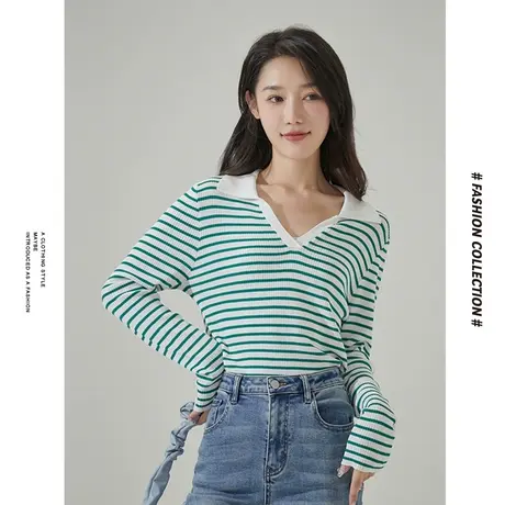 [商场同款]唐狮冬季毛衫女条纹长袖翻领毛衣都市时尚日常通勤V商品大图