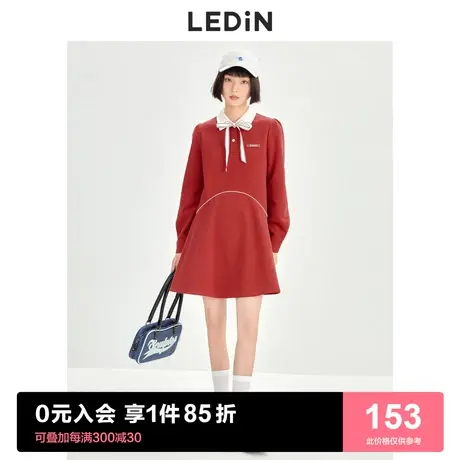 乐町甜美A摆连衣裙2023春季女复古运动小个子长袖红色裙子商品大图