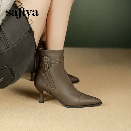 索菲娅皮面高跟短靴女2023新款秋冬款加绒百搭复古尖头优雅时装靴商品大图