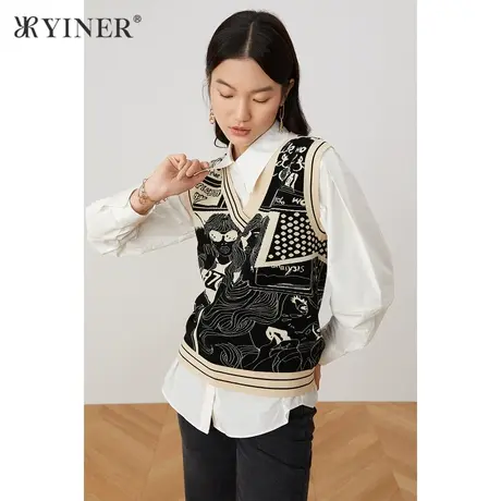 *YINER音儿奥莱女装秋季V领艺术图案毛针织衫商品大图