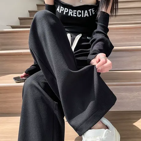 垂感阔腿裤女春秋季高腰针织休闲抽绳拖地慵懒宽松直筒卫裤运动裤图片