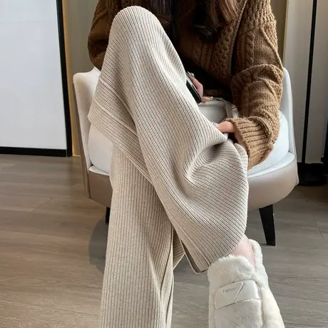 开叉羊毛绒窄版阔腿裤女秋冬新款抽绳高腰垂感显瘦针织加厚直筒裤商品大图