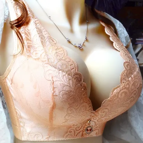琪琪伊无钢圈大码胖mm收副乳聚拢深V女士内衣 性感蕾丝薄杯文胸ed商品大图