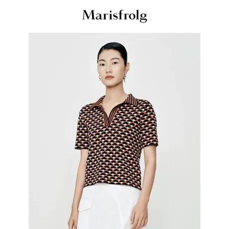 【商场同款】玛丝菲尔夏季新款polo领立体鳞形抽象花稿短袖衬衫商品大图