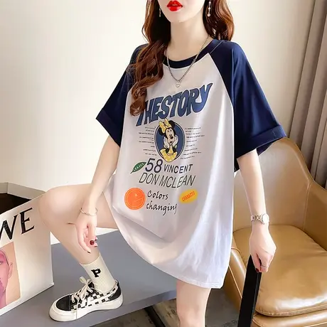 短袖t恤女夏季韩版宽松大码女装中长款下衣失踪五分袖撞色上衣服商品大图