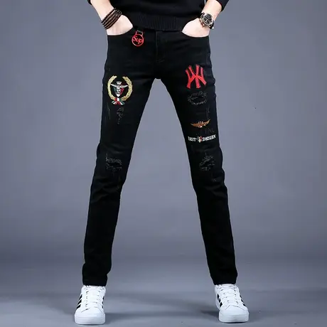 男士刺绣加绒牛仔裤男款秋冬季高端潮牌弹力修身小脚潮流保暖裤子商品大图