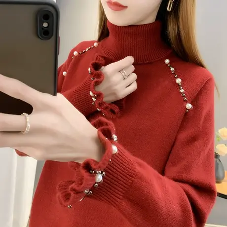 高领针织衫女士百搭毛衣2023春装新款韩版宽松长袖纯色钉珠打底女图片