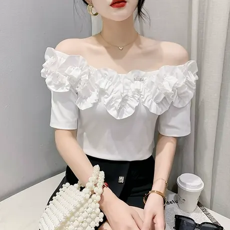 欧货一字领短袖T恤女ins设计感木耳边上衣纯色百搭小衫气质体恤夏商品大图