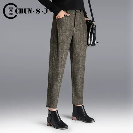 秋冬条纹毛呢裤子加厚格子长裤休闲西裤小脚哈伦裤宽松九分裤女裤商品大图