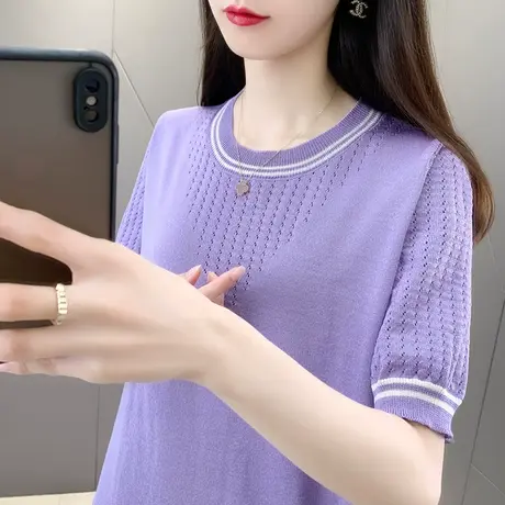 圆领打底衫上衣女2025年春季新款冰丝短袖薄款短袖T恤针织衫镂空图片