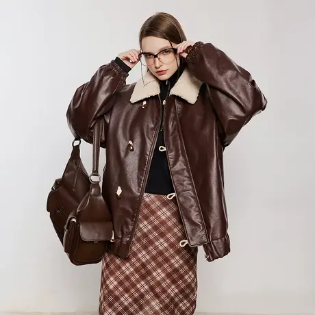 复古潮牌PU皮棉服女加厚冬季外套2023设计感拼接棉衣美拉德棉袄商品大图