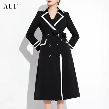 AUI气质撞色拼接风衣外套女2023新款秋季高级感双排扣中长款大衣商品大图