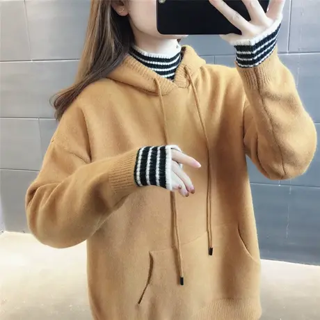 针织卫衣显瘦百搭秋冬2023新款连帽套头衫宽松韩版时尚设计感撞色商品大图