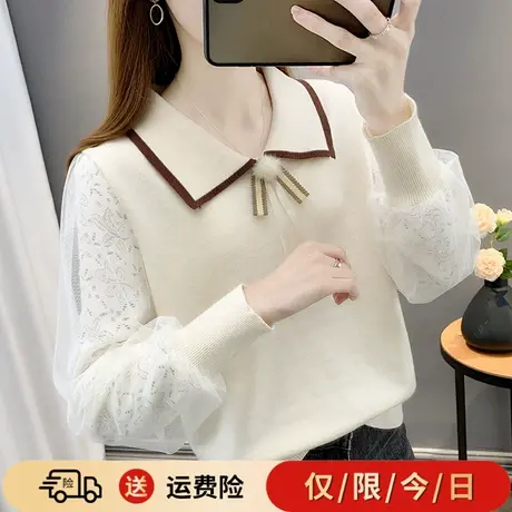 早春韩版慵懒上衣洋气显瘦蕾丝拼接翻领针织打底衫女内搭2023新款商品大图