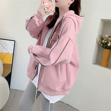 学院风卡通刺绣加绒连帽卫衣外套女秋冬新款加厚宽松慵懒风上衣潮图片