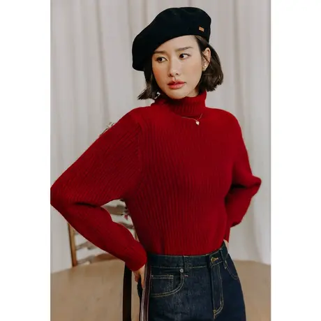 弥古复古红色打底毛衣女秋冬新年红高领保暖针织衫高级感内搭上衣商品大图