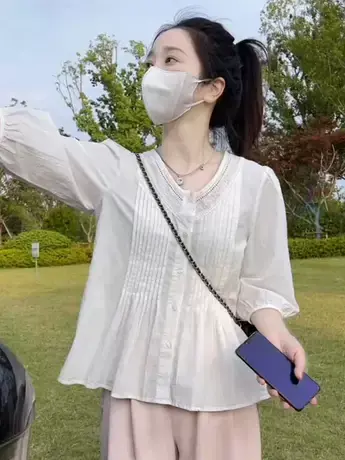 法式温柔风镂空V领七分袖衬衫女2023夏收腰显瘦小衫今年流行上衣商品大图