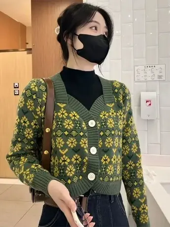 2023早秋复古别致花朵方领针织开衫女高级感毛衣外搭短款长袖上衣商品大图