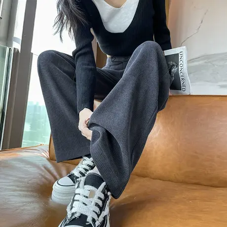 雪尼尔窄版阔腿裤女秋冬新款高腰垂感小个子灰色灯芯绒直筒西装裤商品大图