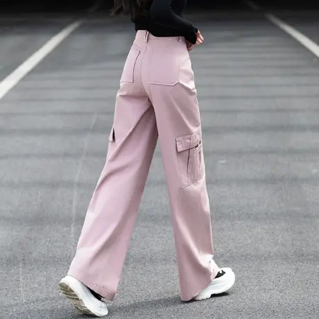 日系慵懒风工装裤女生2024春夏新款粉红色裤子运动休闲直筒阔腿裤商品大图