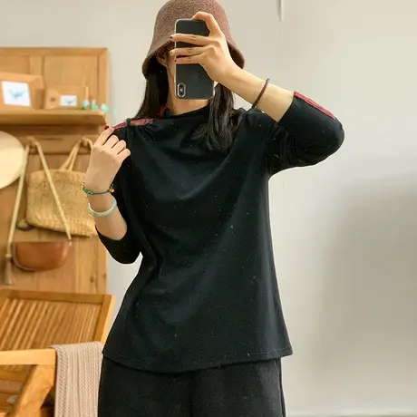 dza复古拼接贴布加绒宽松T恤女秋冬洋气内搭打底衫半高领漂亮上衣商品大图
