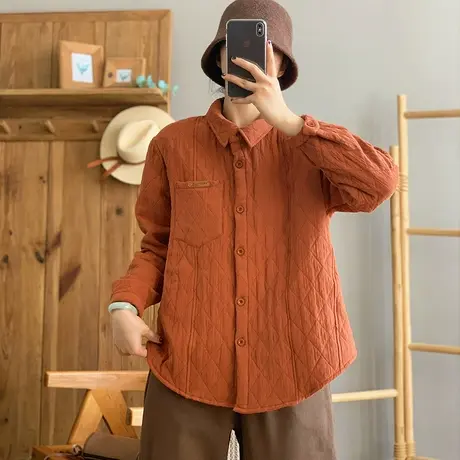 dza 复古休闲翻领衬衫棉衣外套女冬新款宽松内搭外穿菱格棉服上衣图片