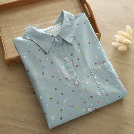 春秋日系文艺复古小清新花朵印花长袖衬衫女学生宽松纯棉打底上衣商品大图