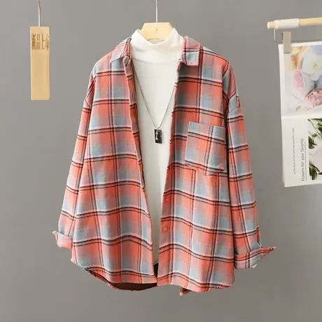 冬季加绒加厚保暖格子外套女宽松大码中长款秋冬新款衬衫式外套潮商品大图