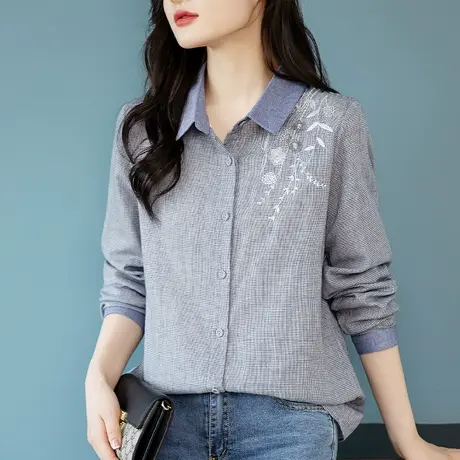 初秋新款长袖衬衣女加肥加大码女装宽松中年妈妈休闲翻领上衣t恤商品大图