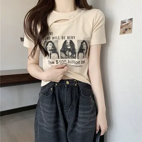 港风chic高腰露脐短袖T恤女夏装ins潮2025新款修身显瘦百搭上衣服商品大图