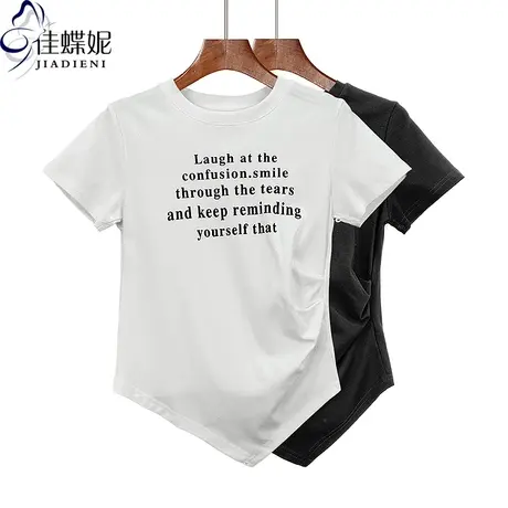 夏季新款韩版圆领修身不规则褶皱印花纯棉短袖体恤上衣女装打底衫商品大图
