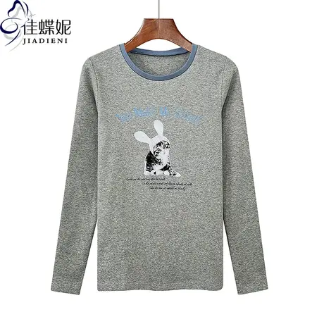 春秋新款圆领修身显瘦撞色拼接纯棉小猫印花长袖体恤上衣女打底衫商品大图