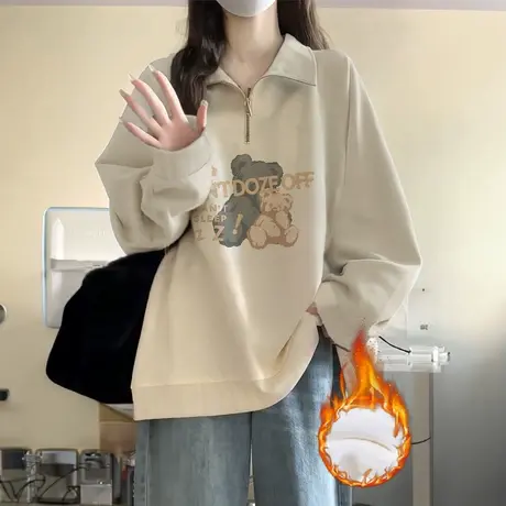Polo领学生洋气加绒卫衣女秋冬大码上衣ins保暖翻领港风卡通外套商品大图