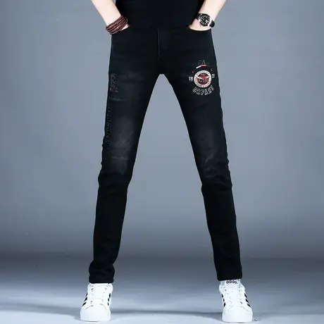 男士秋冬季新款牛仔裤男款美式高街修身刺绣烫钻小脚2023新款潮牌商品大图