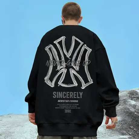 大码无帽美式潮牌胖子男装加绒潮流宽松国潮情侣圆领卫衣春秋冬款商品大图