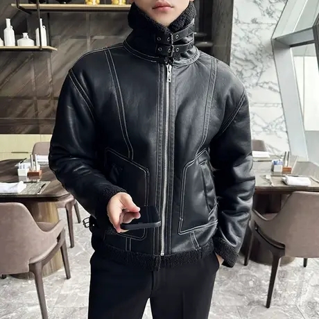 冬季加绒加厚棉衣男休闲宽松皮毛一体棉服PU皮机车外套翻领夹克潮图片