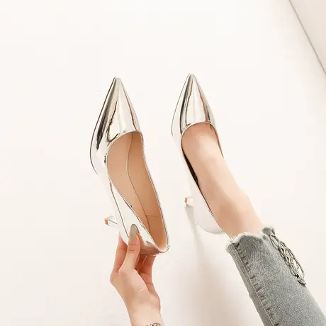 法式小众银色高跟鞋女细跟2024夏季新款气质百搭尖头浅口职业单鞋图片